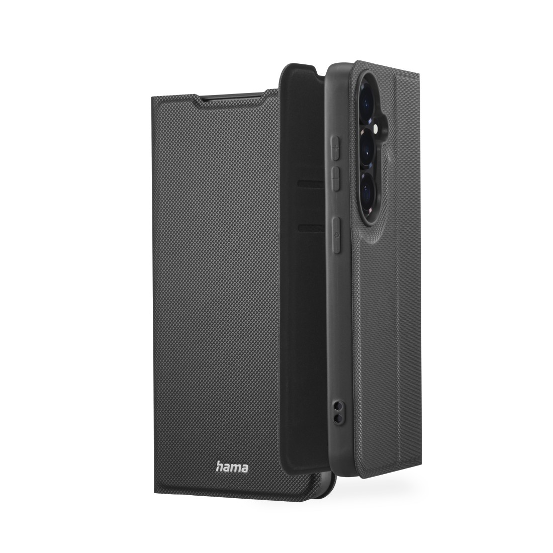Ein schwarzes Handy-Flipcase mit strukturierter Oberfläche. Das Case ist geöffnet.