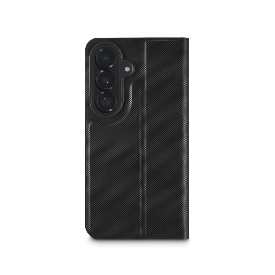 Ein schwarzes Handy mit drei Kameras auf der Rückseite und einer Klapphülle.