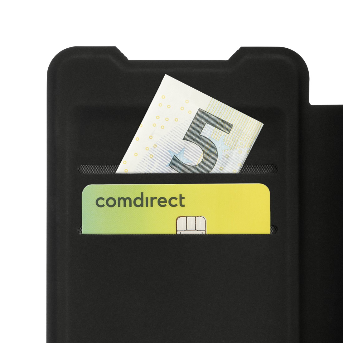 Ein 5-Euro-Schein und eine comdirect-Karte in einer schwarzen Hülle.