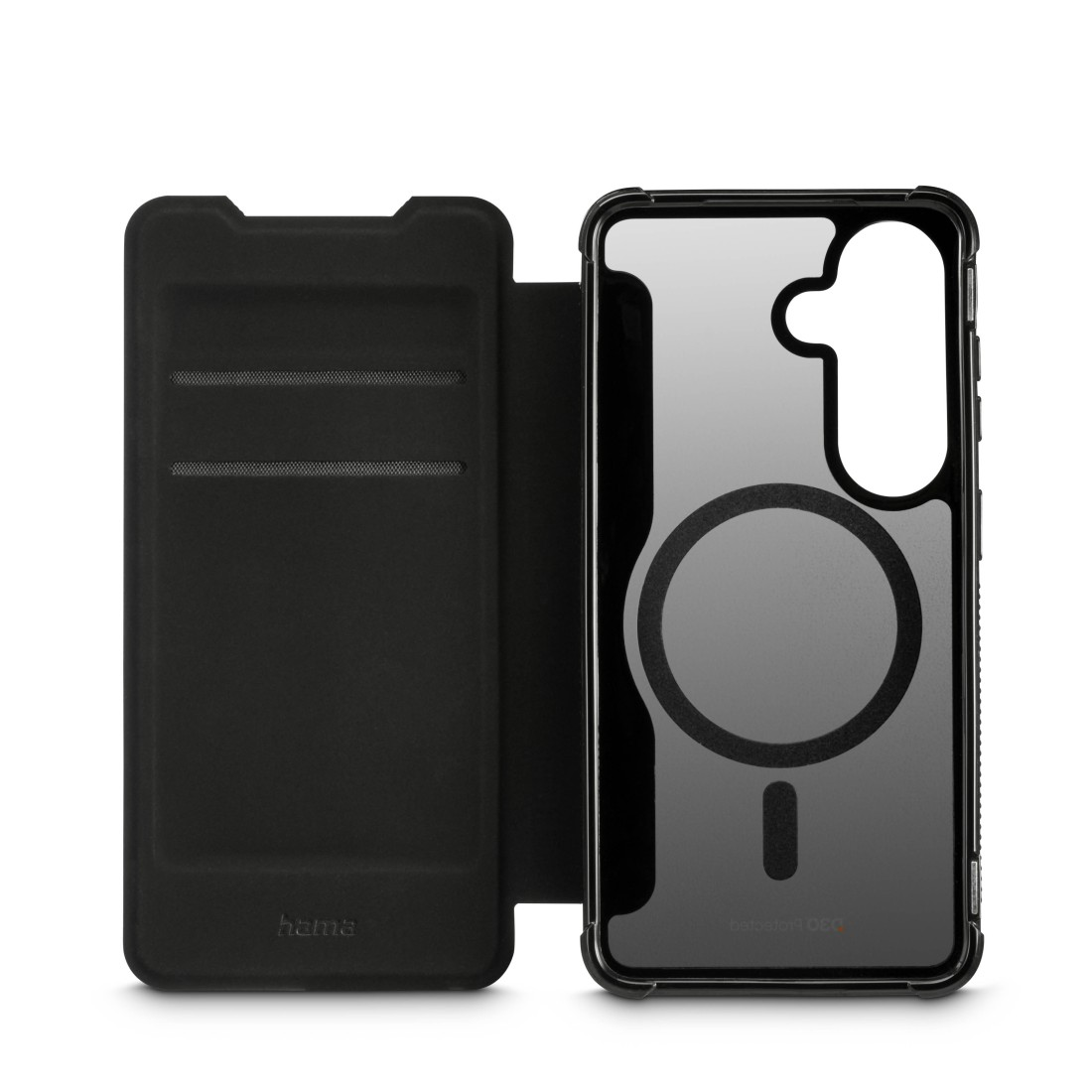 Schwarze Handyhülle mit Klappdeckel und MagSafe-Ring.