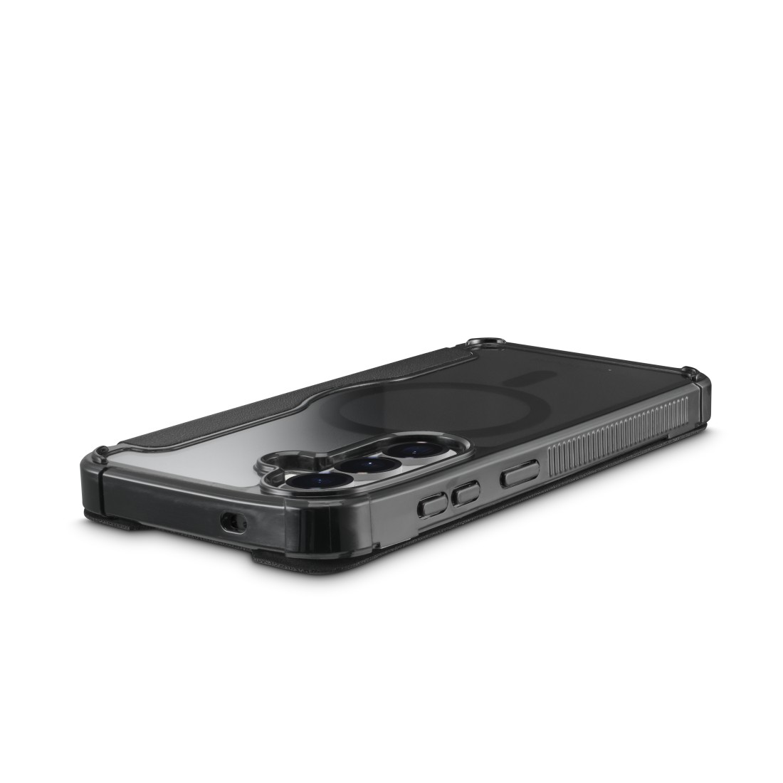 Ein schwarzes Handy mit transparentem Gehäuse und Kameras auf der Rückseite.