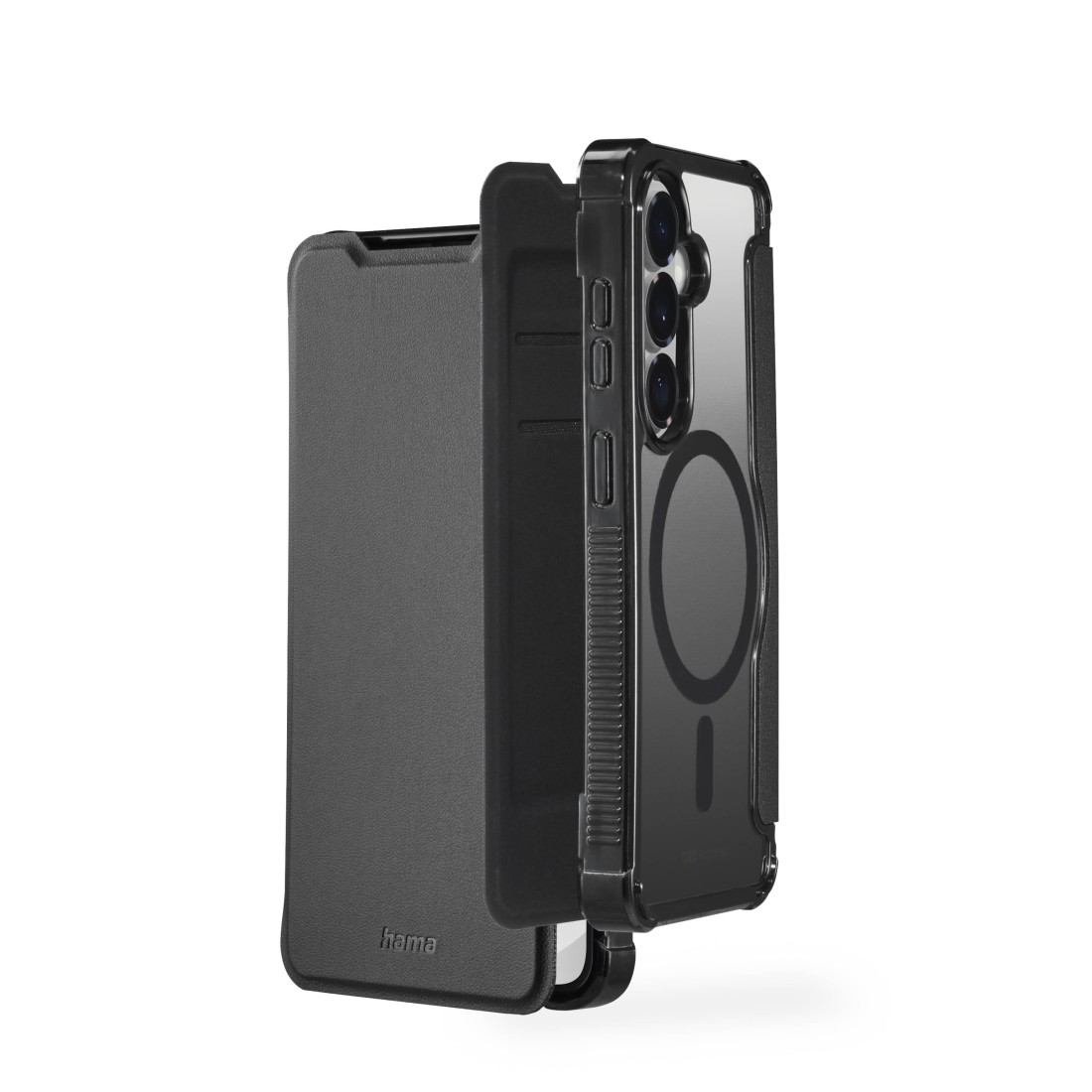 Schwarzes Handy mit durchsichtiger Hülle und Magnetring, daneben eine schwarze Hülle.