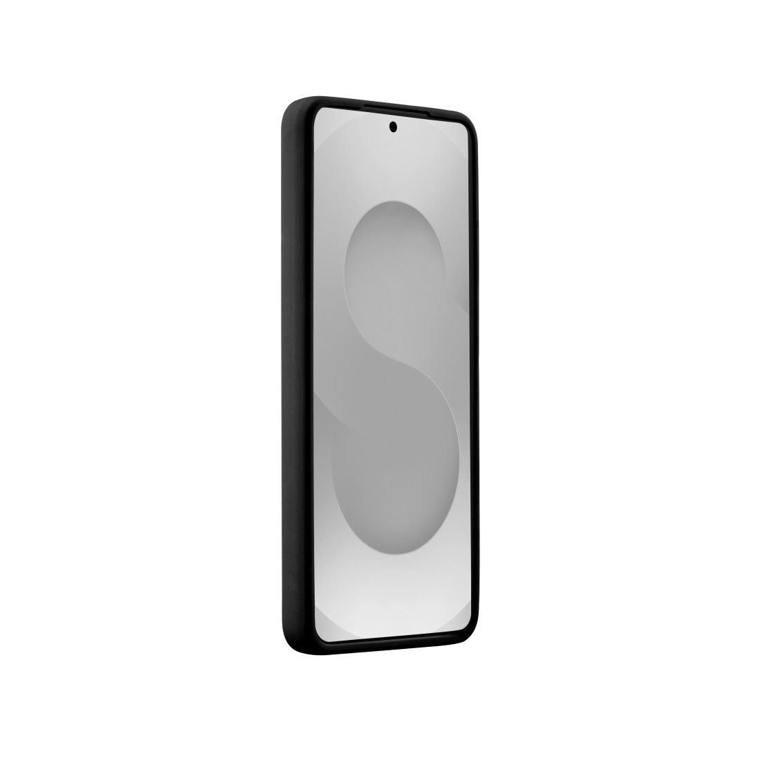 Ein schwarzes Smartphone mit einem stilisierten S auf dem Bildschirm auf weißem Hintergrund.