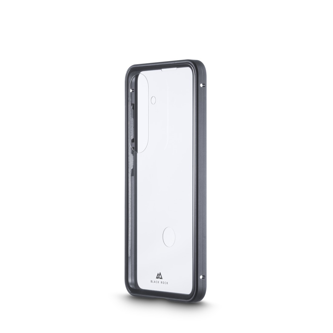 Transparente Hülle mit dunklem Rand für ein Smartphone, auf weißem Hintergrund.