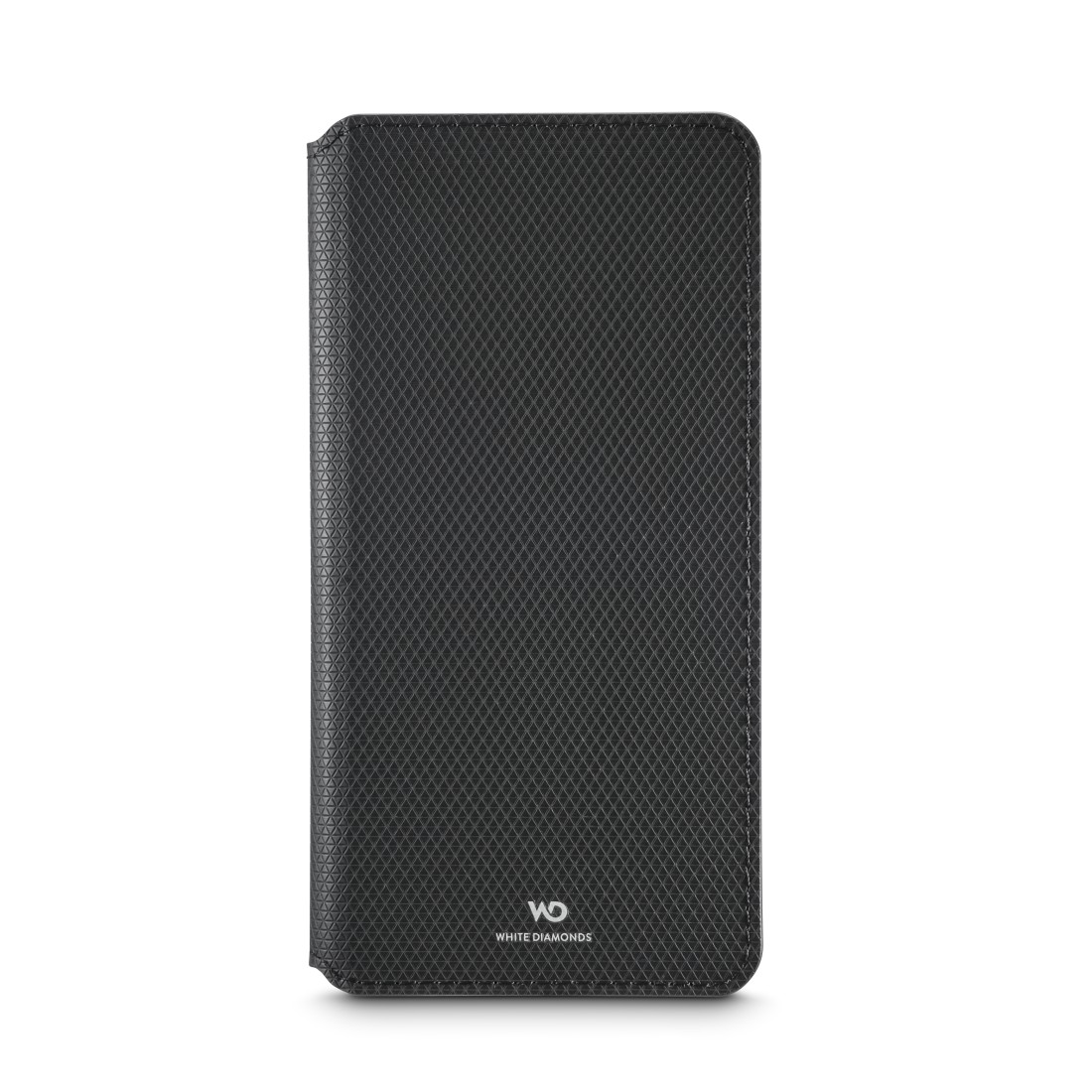 Schwarzes Handycover mit Rautenmuster und Logo unten.