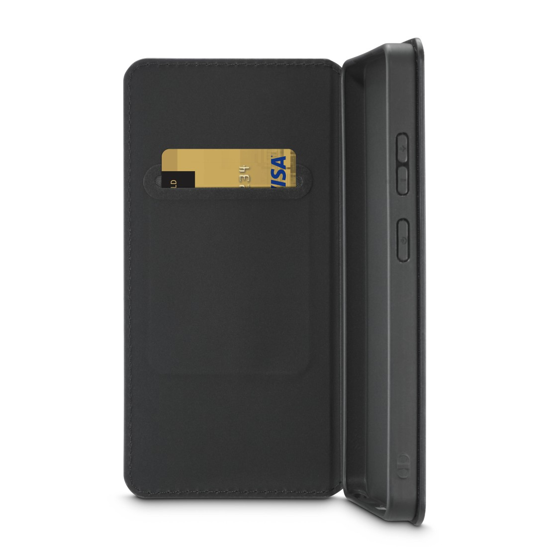 Ein schwarzes Handycover mit Sichtfenster für eine goldene Visa-Karte.
