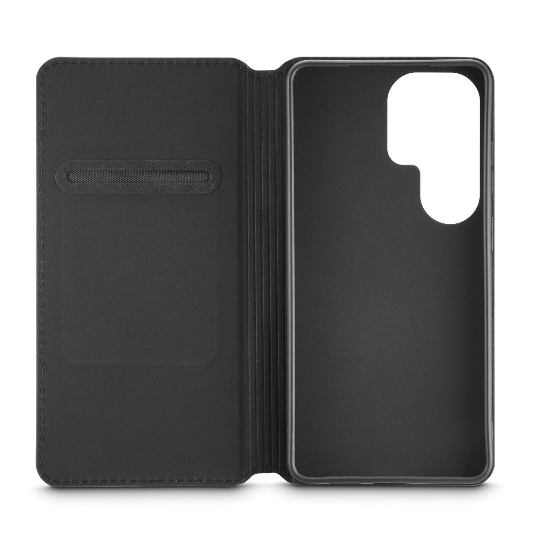 Schwarzes Flip-Case für ein Smartphone mit Kartenfach und Kameraaussparung.