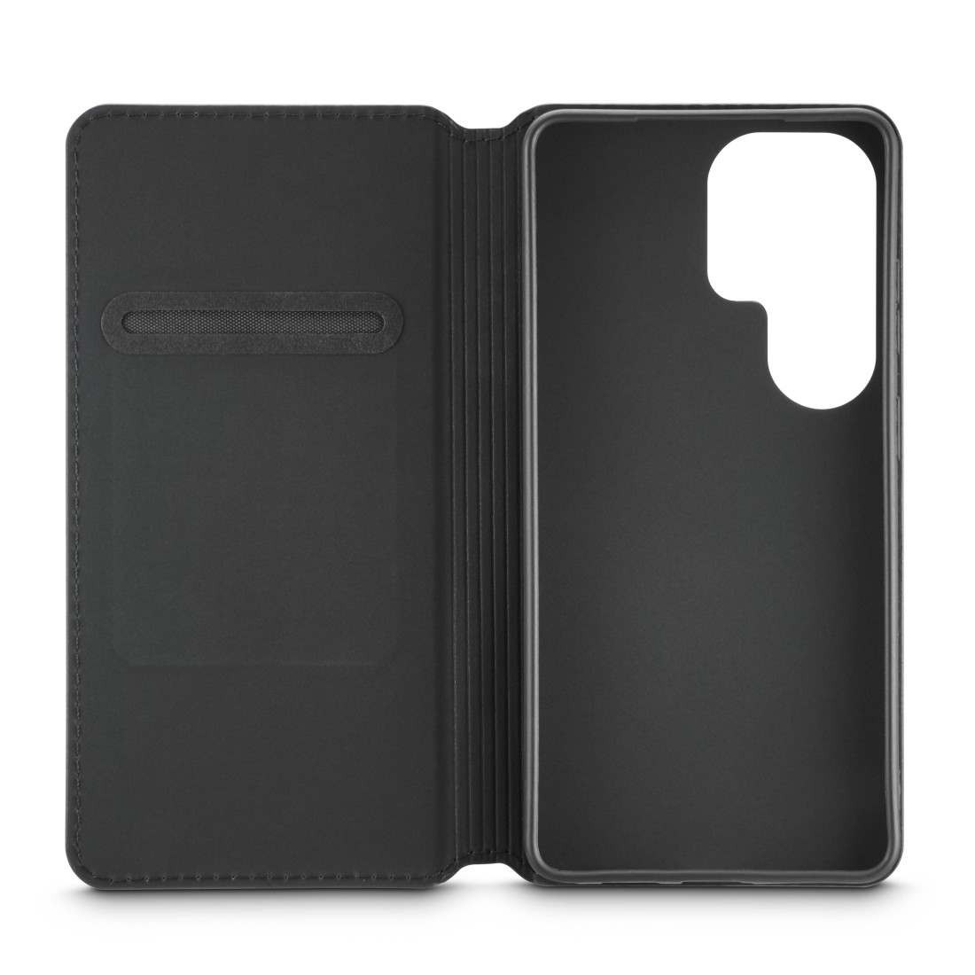 Schwarzes Handy-Flipcase mit Kartenschlitz und Kameraaussparung.