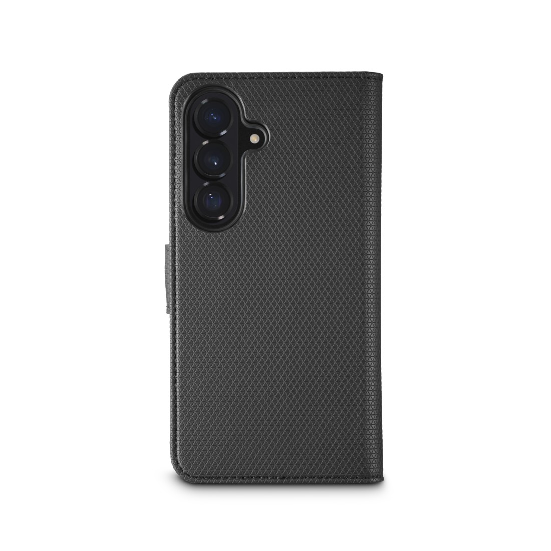 Schwarzes Handy-Flip-Cover mit sichtbarem Kameraloch und Textur.