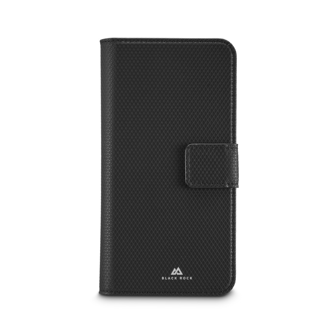 Schwarzes Handy-Flipcase mit Rautenmuster und Magnetverschluss.