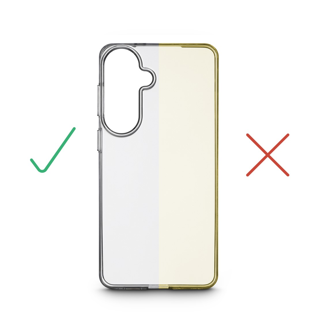 Transparente Hülle mit gelbem Rand, daneben ein grüner Haken und ein rotes Kreuz.
