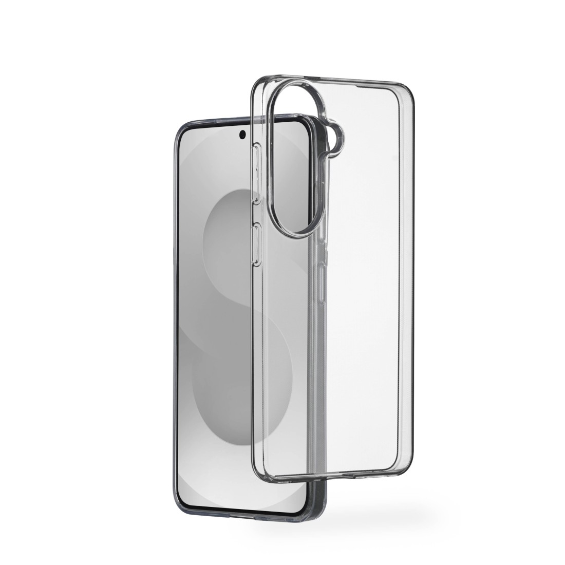 Ein durchsichtiges Handyhülle liegt neben einem Smartphone.