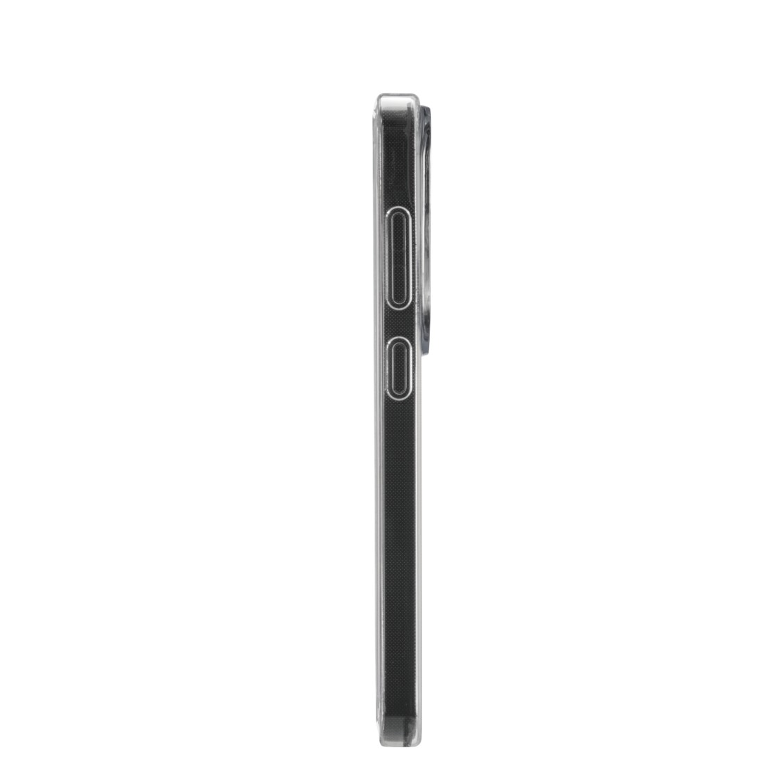 Graues Smartphone mit klarem Schutzgehäuse, Seitenansicht.