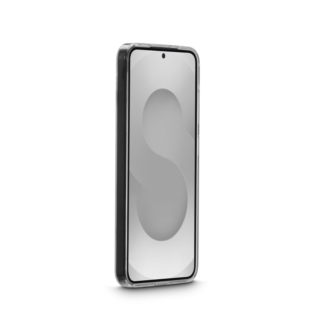 Ein durchsichtiges Handyhülle mit einem Smartphone auf weißem Hintergrund.