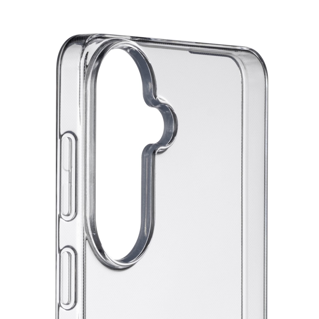 Transparente Handyhülle mit Ausschnitt für die Kamera und seitlichen Tasten.