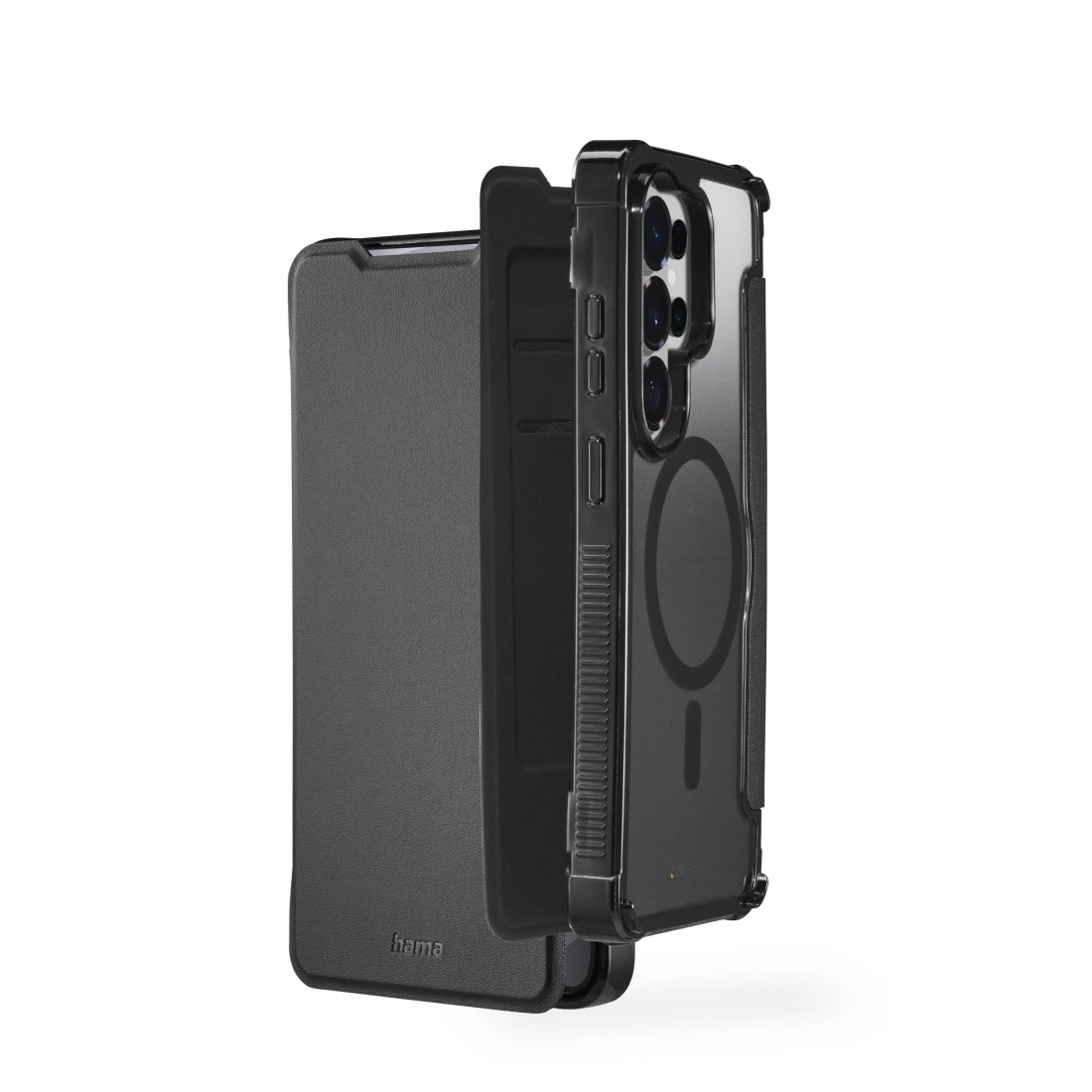 Schwarzes Handycover mit Klappfunktion und transparentem Rückteil