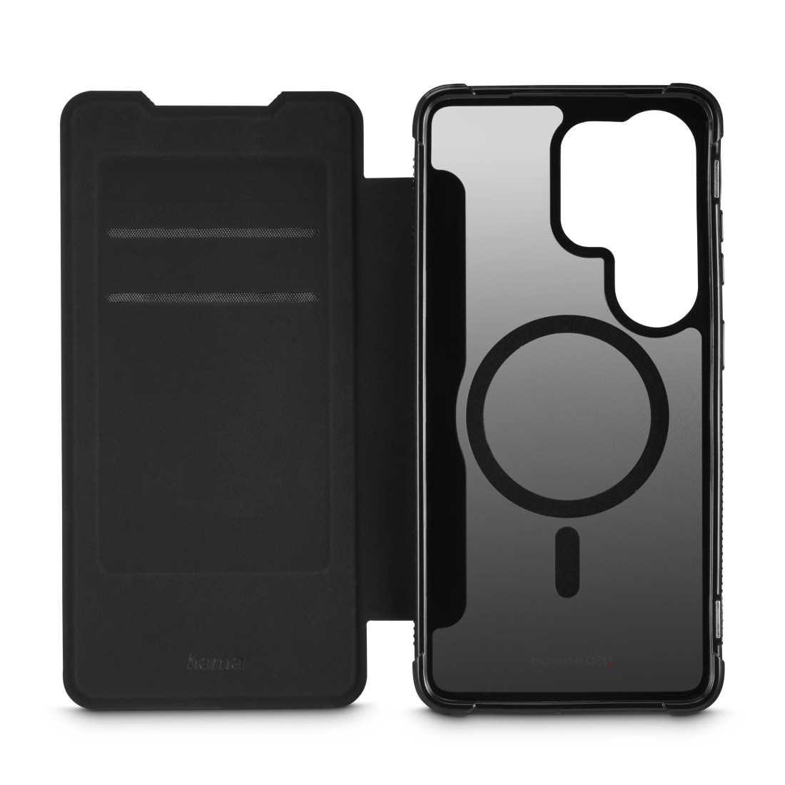 Schwarze Handyhülle mit Klappdeckel und zwei Kartenschlitzen, offen.