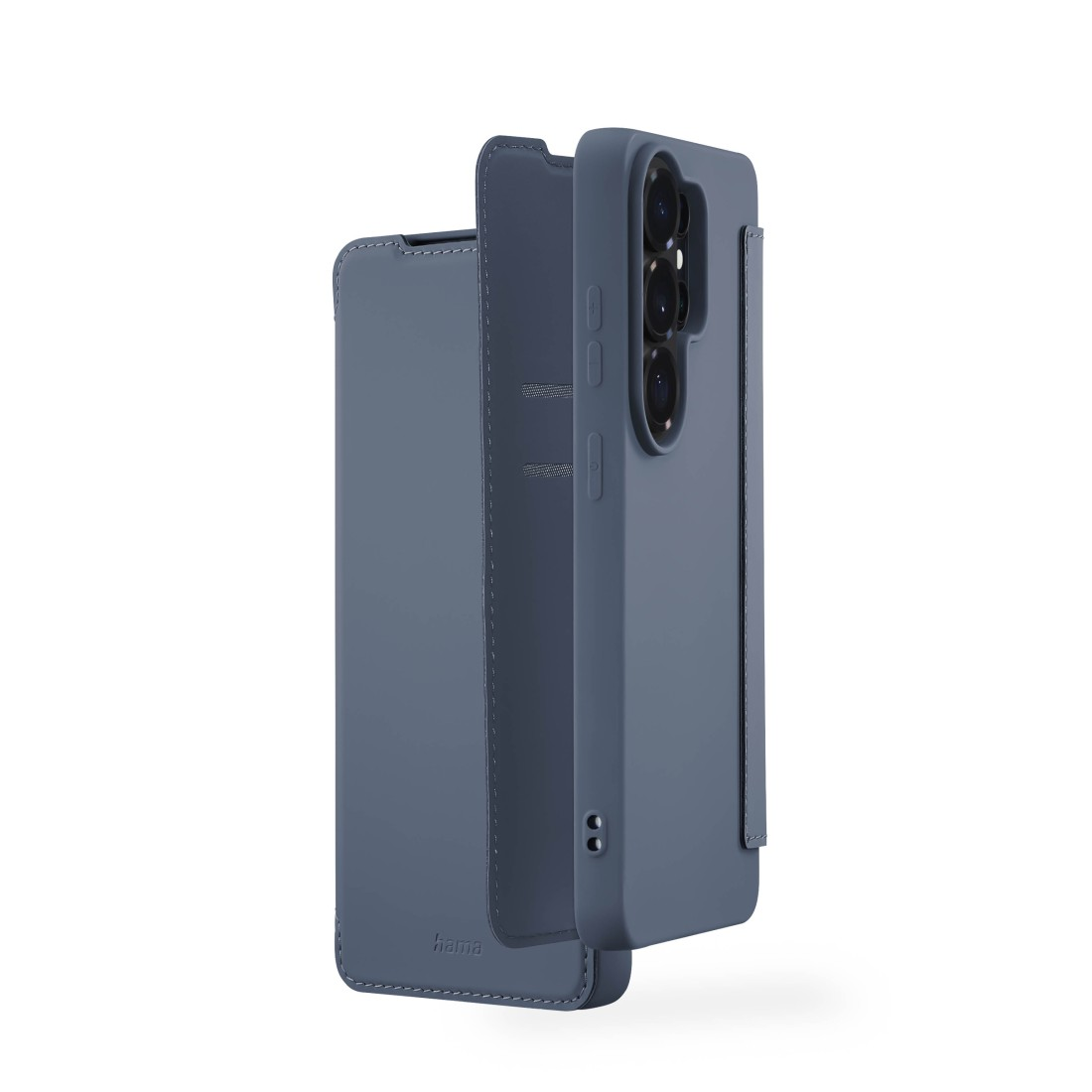 Blauer Handy-Schutzhülle und Etui mit Kameras und Hama-Logo.