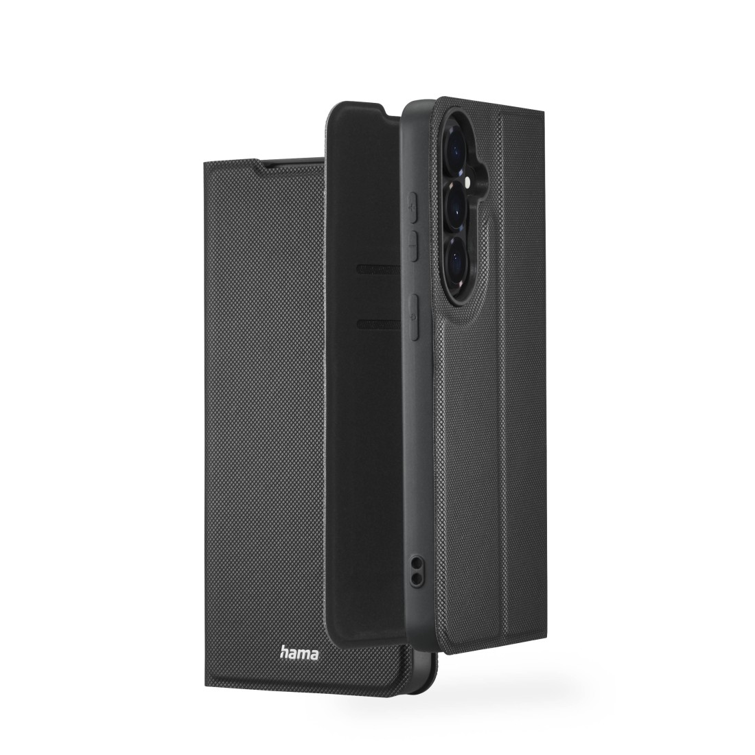 Schwarzes Handy-Flipcase mit Kameramodul und Hama-Logo.