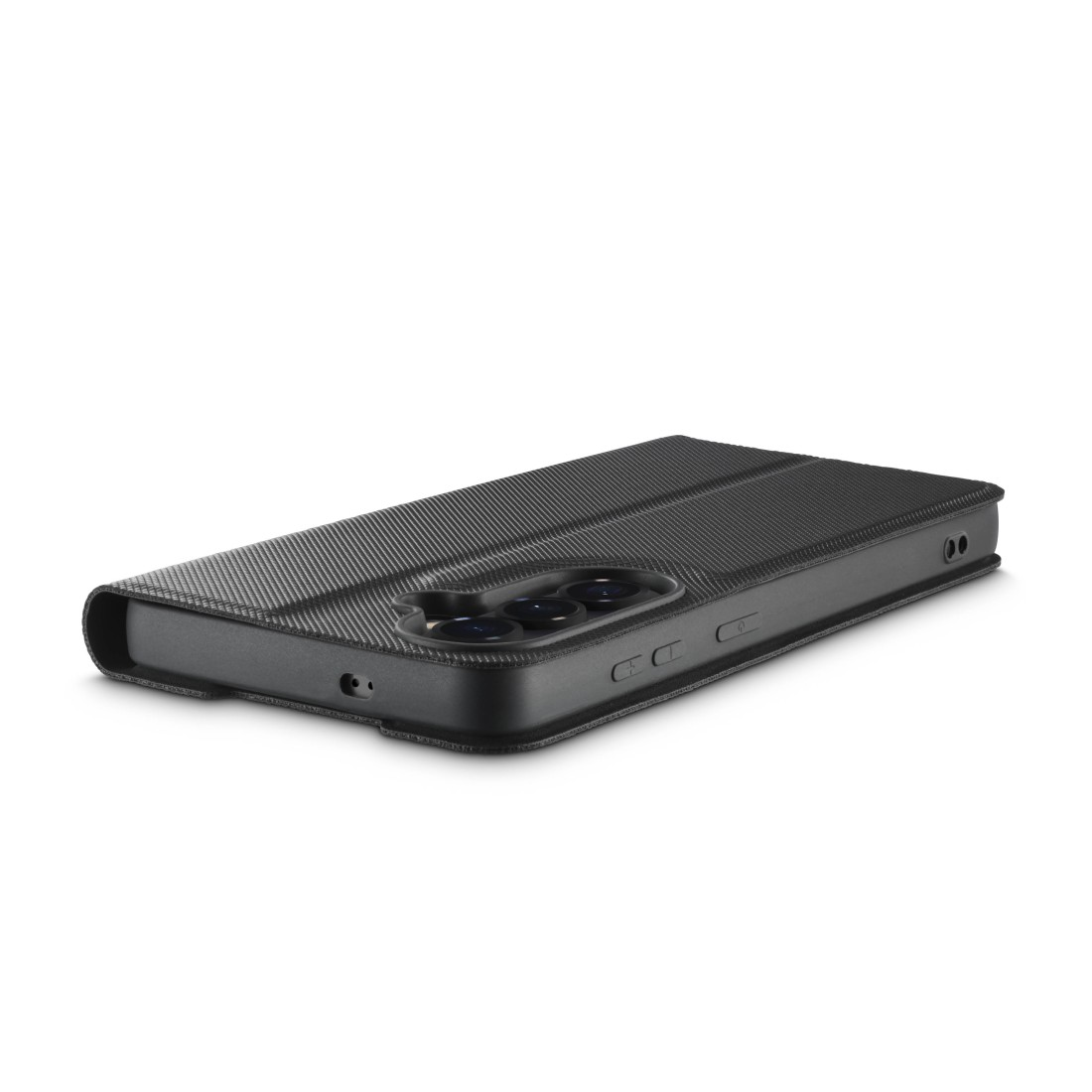 Schwarzes Handy-Flipcase mit texturiertem Muster und Kameraöffnung.