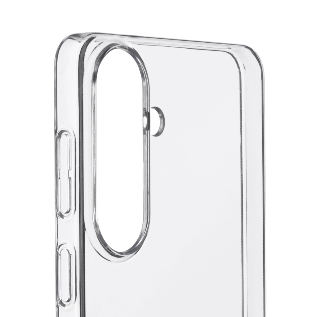 Transparente Handyhülle mit Ausschnitten für Kamera und Tasten.