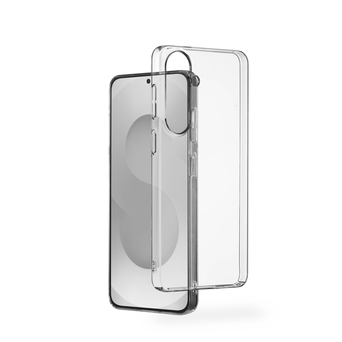 Ein durchsichtiger Handyschutz über einem Smartphone auf weißem Hintergrund.