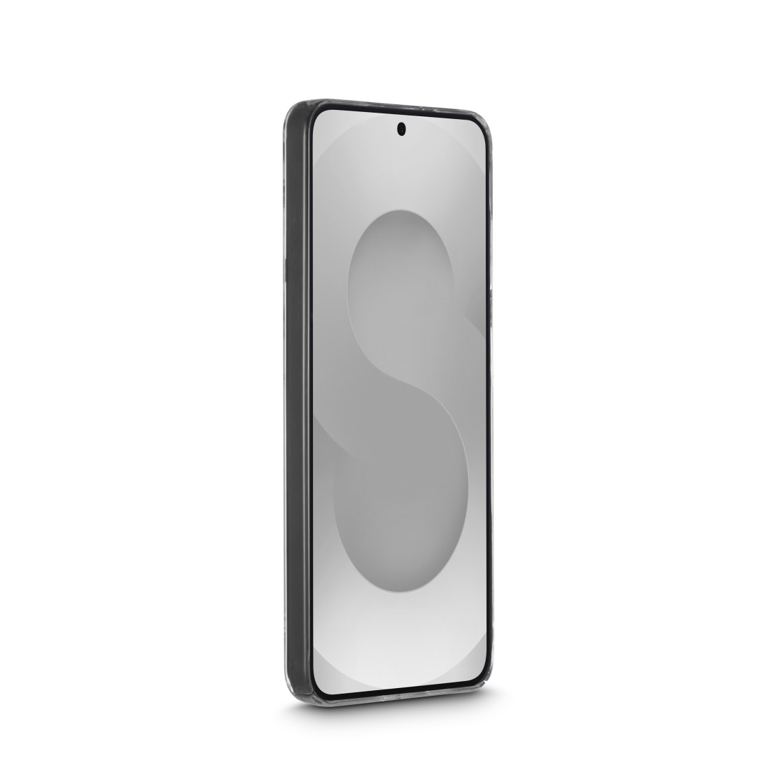 Ein Smartphone mit einem durchsichtigen Gehäuse und einem stilisierten S auf dem Bildschirm.
