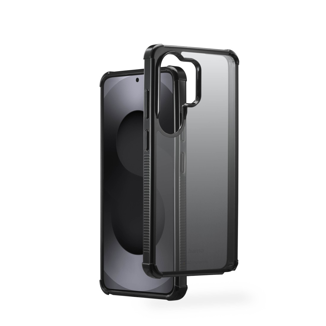 Ein schwarzer, transparenter Handyhülle liegt auf einem dunklen Smartphone.