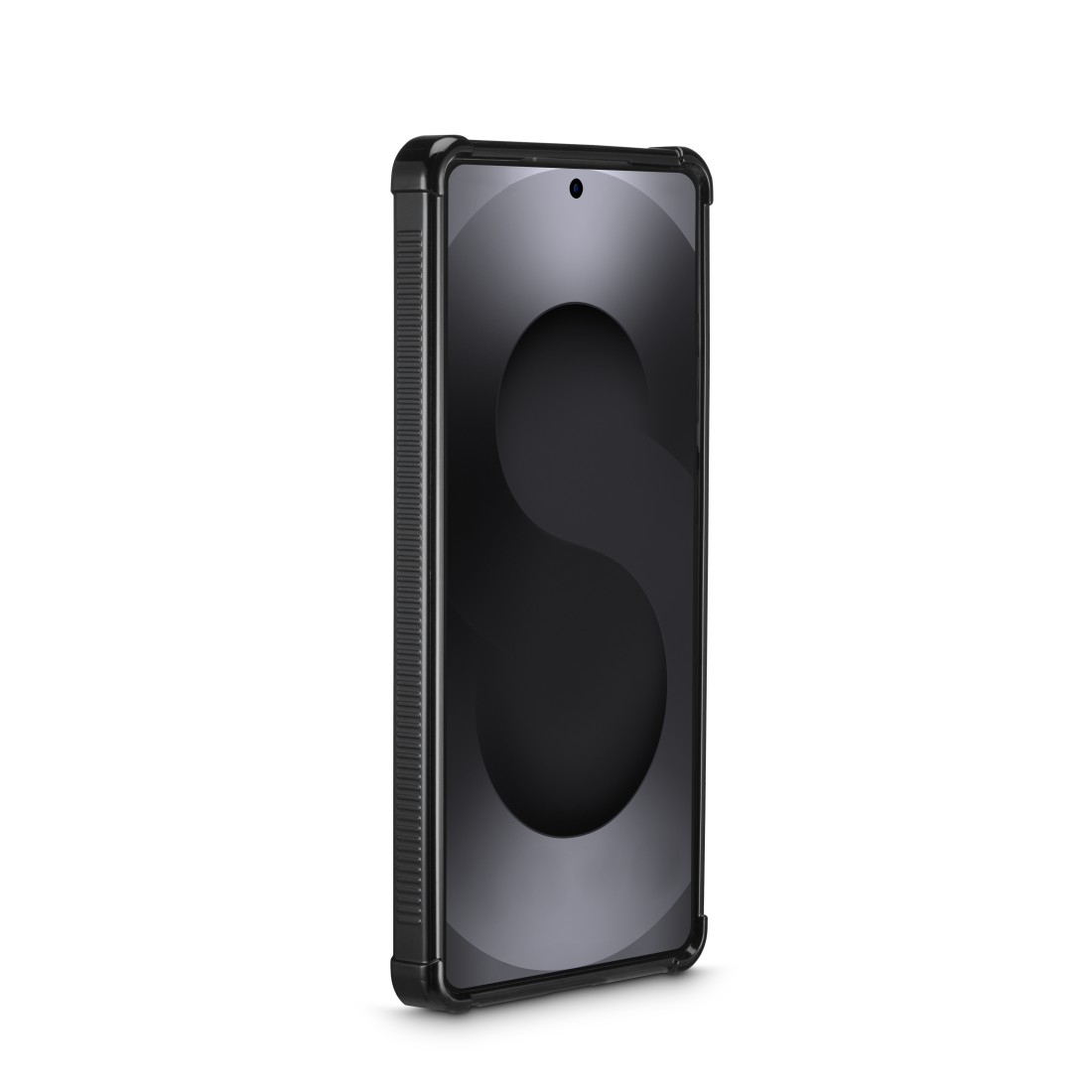 Schwarzes Handy mit verstärkten Ecken auf weißem Hintergrund.