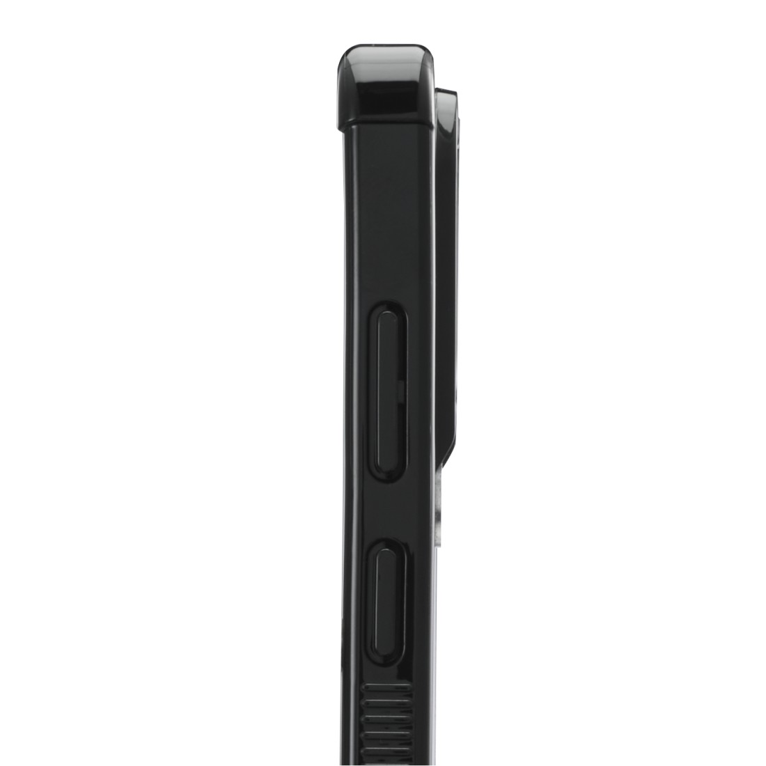 Detailansicht eines schwarzen Smartphone-Gehäuses mit seitlichen Tasten.