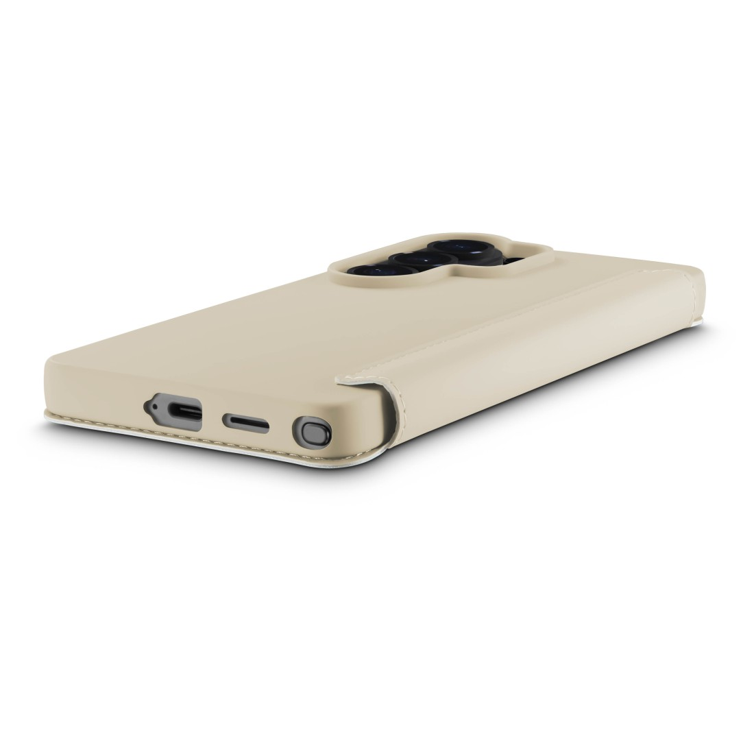 Eine beige Handyhülle mit einem großen Kameramodul auf der Rückseite.