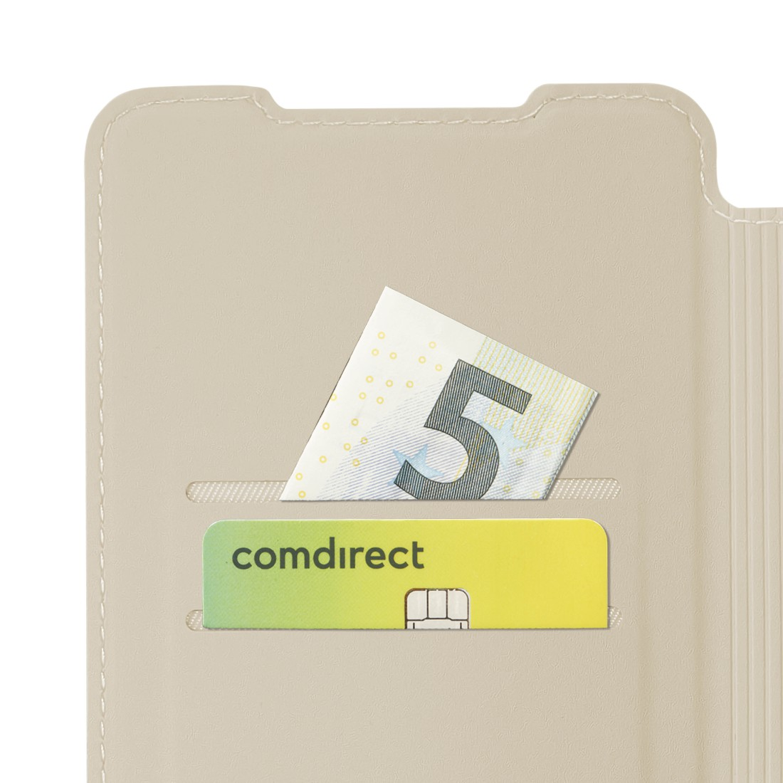 Eine beige Brieftasche enthält einen 5-Euro-Schein und eine comdirect-Karte. Die Hülle ist aus Leder.