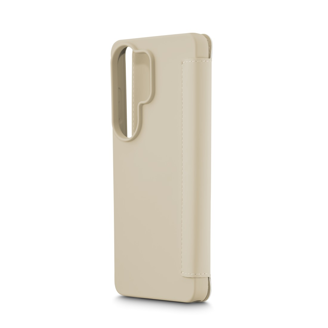 Eine beige Handyhülle mit einem Ausschnitt für die Kamera auf der Rückseite.