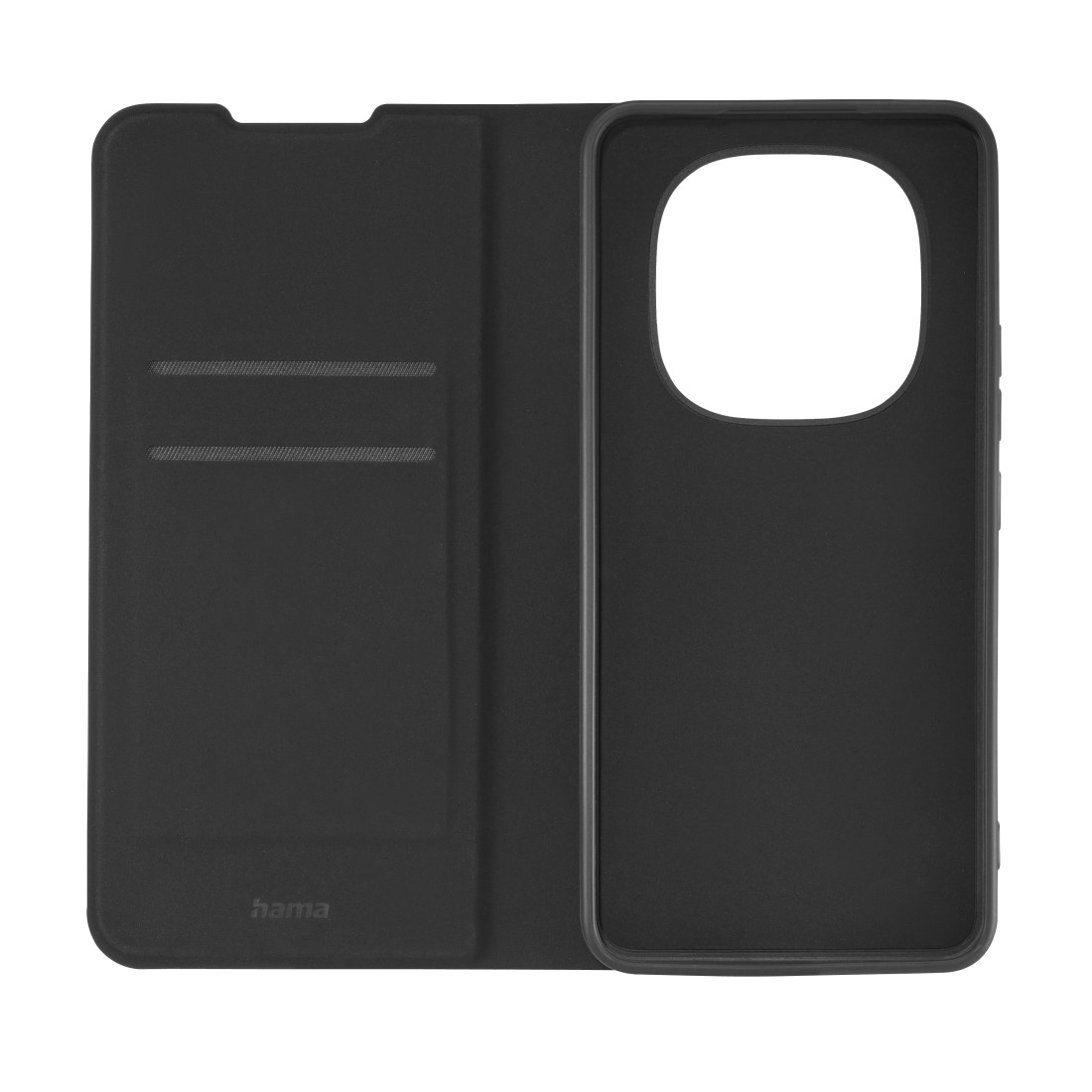 Schwarze Handyhülle mit Klappdeckel und Kartenfächern.