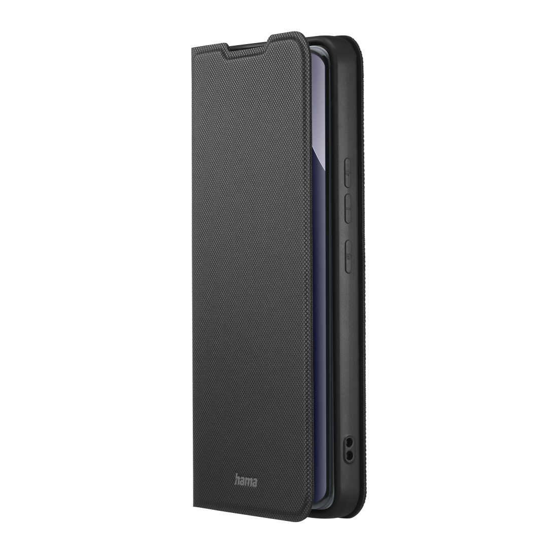 Schwarze Hama Klapphülle für Handy, texturierte Abdeckung offen, zeigt Handy-Tasten.