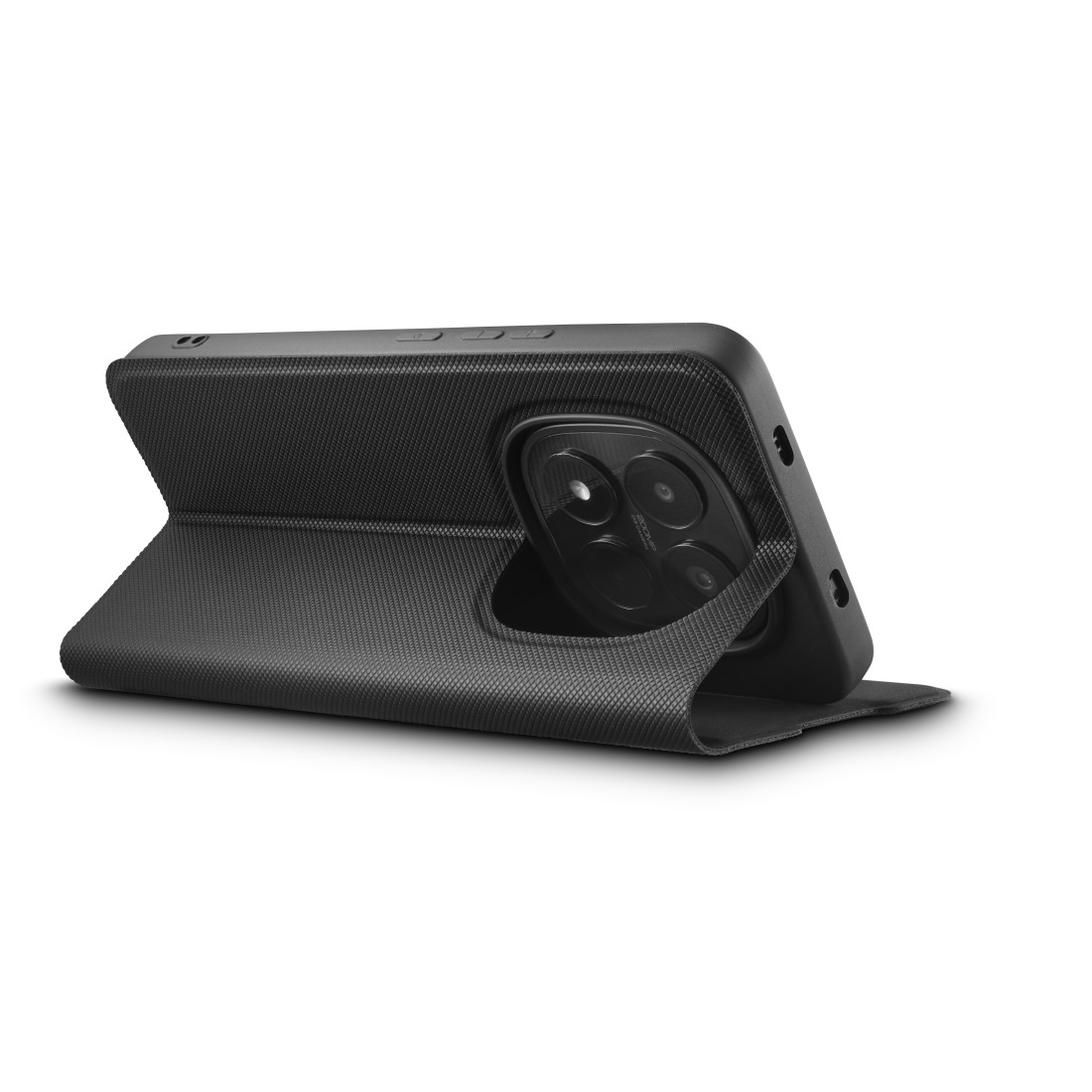 Ein schwarzes Smartphone im aufgeschlagenen Klappcase mit texturierter Oberfläche.