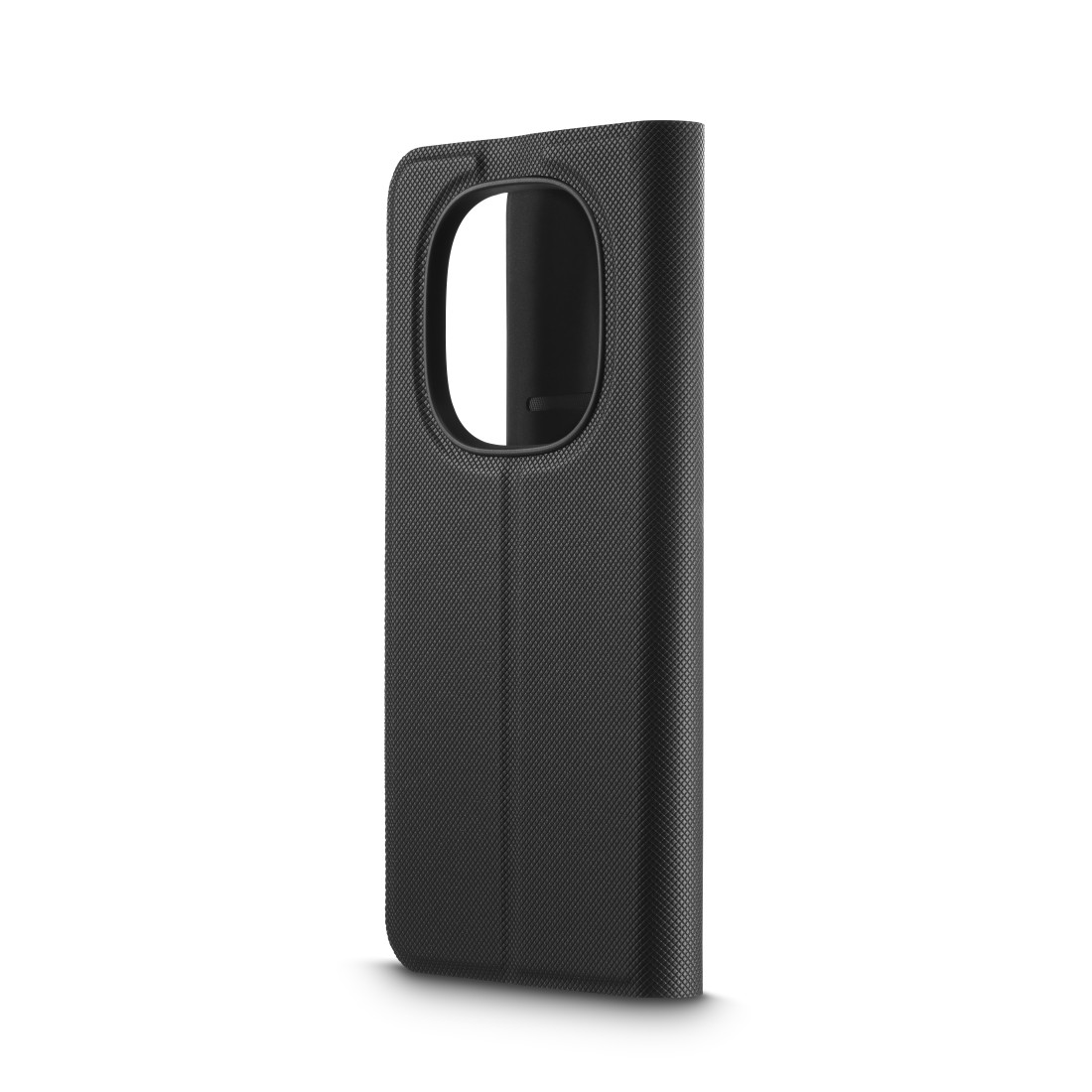 Schwarzes Handy-Flipcase mit einer Aussparung für die Kamera.