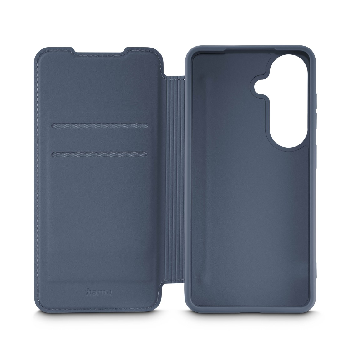Blauer Handyhülle mit Kartenfächern und Ausschnitt für Kamera.