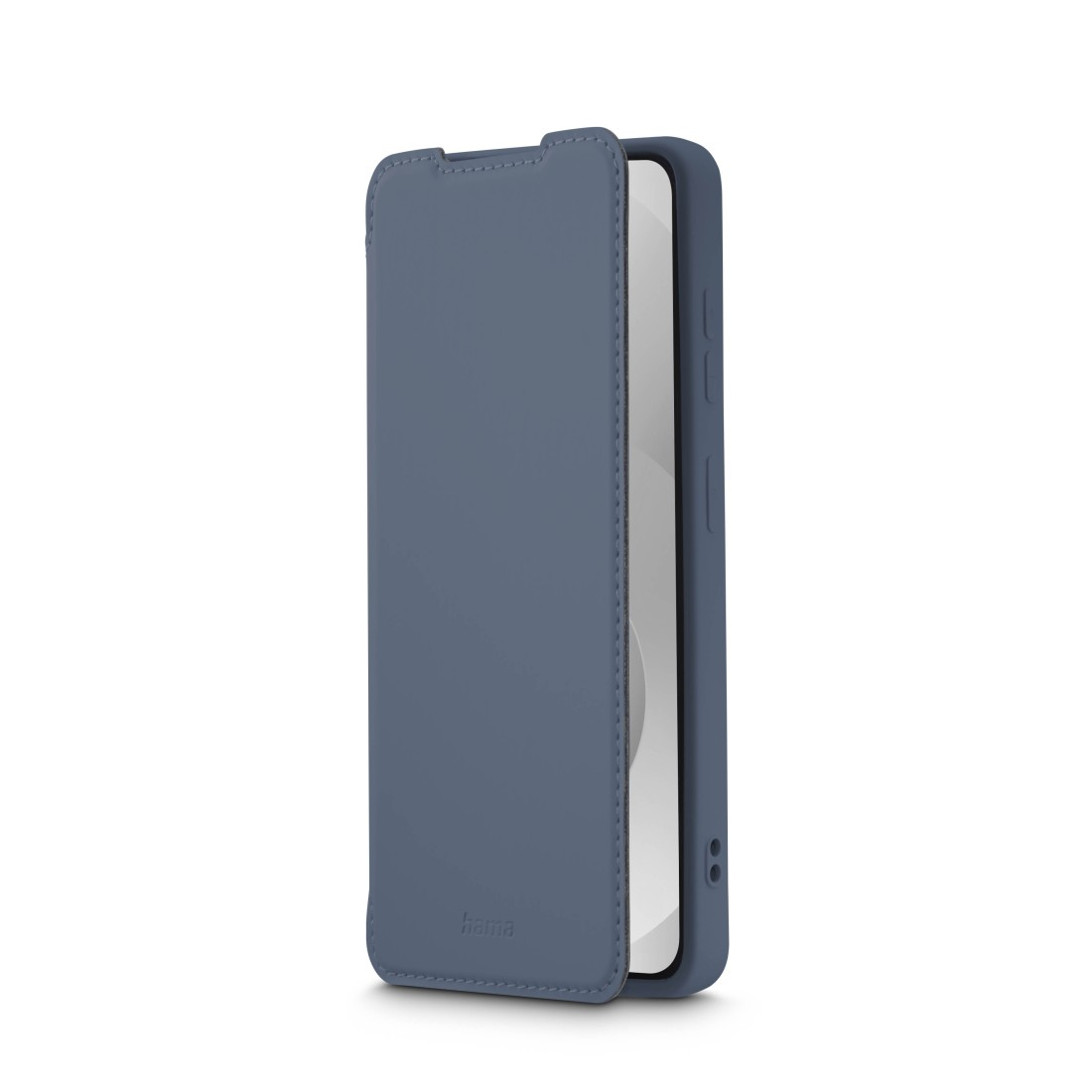 Blaues Handycover im Hochformat mit aufgeschlagener Frontklappe und Hama-Logo.