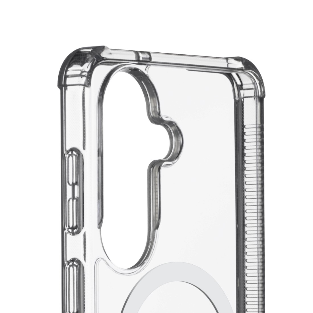 Transparente Handyhülle mit Ausschnitten für Tasten und Kamera.