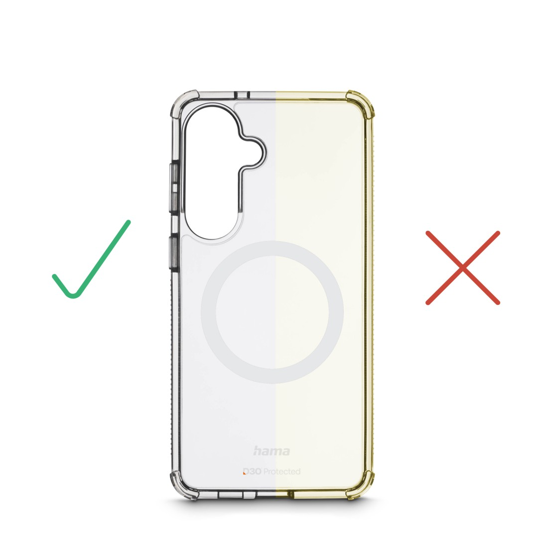 Transparente Handyhülle mit Magnetring, links ein Häkchen, rechts ein Kreuz.