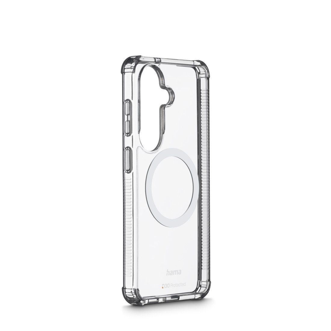 Transparente Handyhülle mit magnetischem Kreis und Hama-Logo.