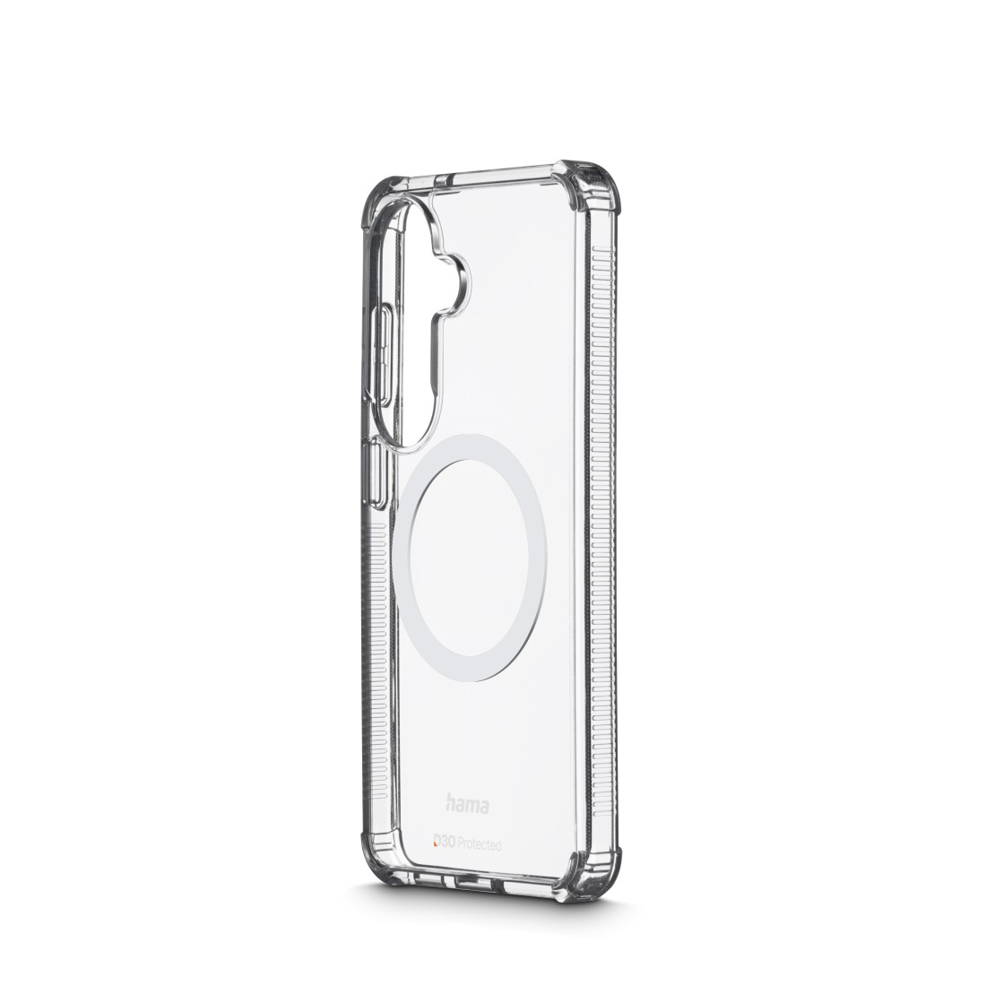 Transparente Handyhülle mit MagSafe-Ring und Hama-Logo.