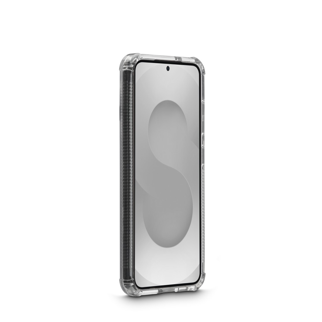 Ein durchsichtiges Schutzgehäuse für ein Smartphone mit schwarzem Rand.