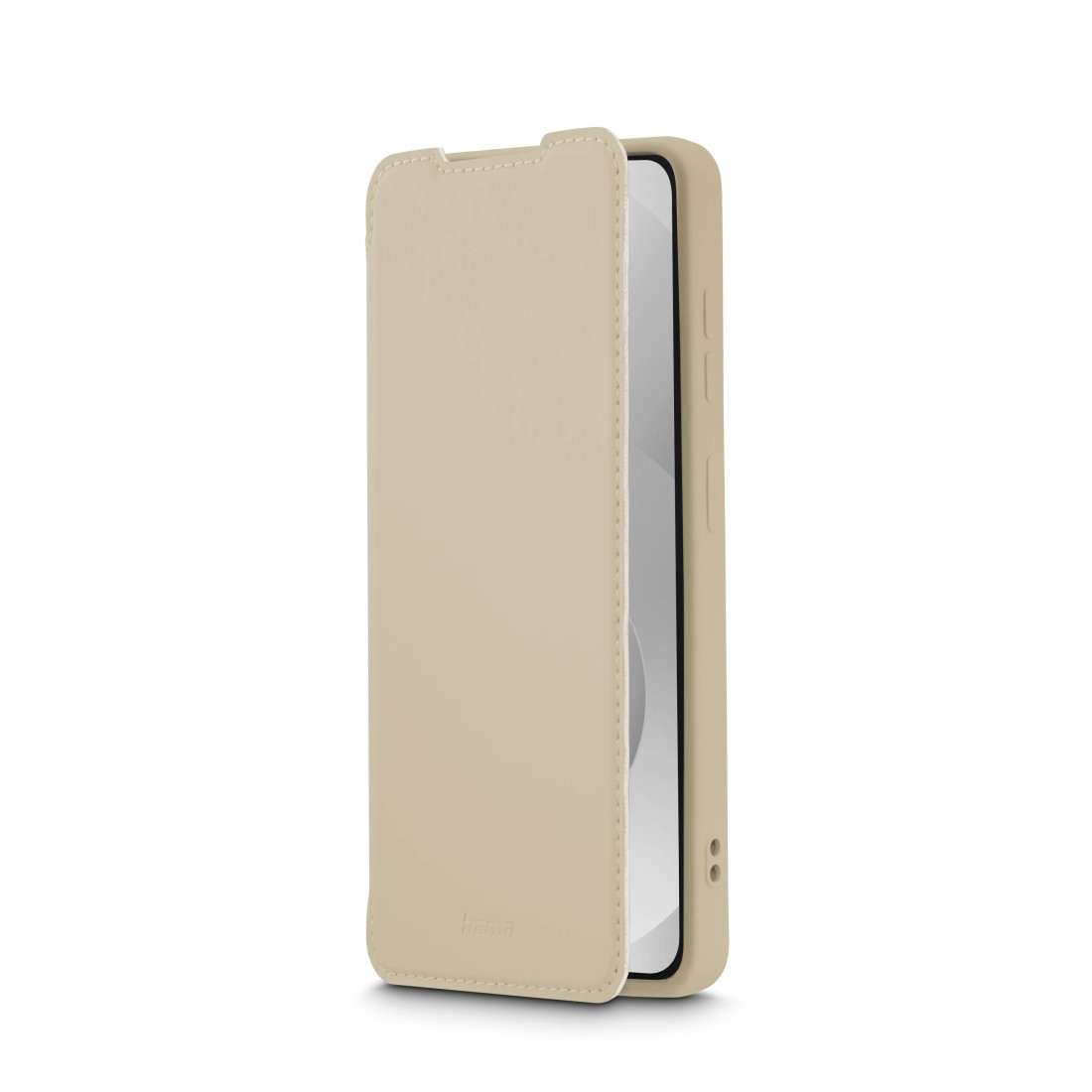 Eine beige Handyhülle mit Klappe, die auf einem weißen Hintergrund steht.