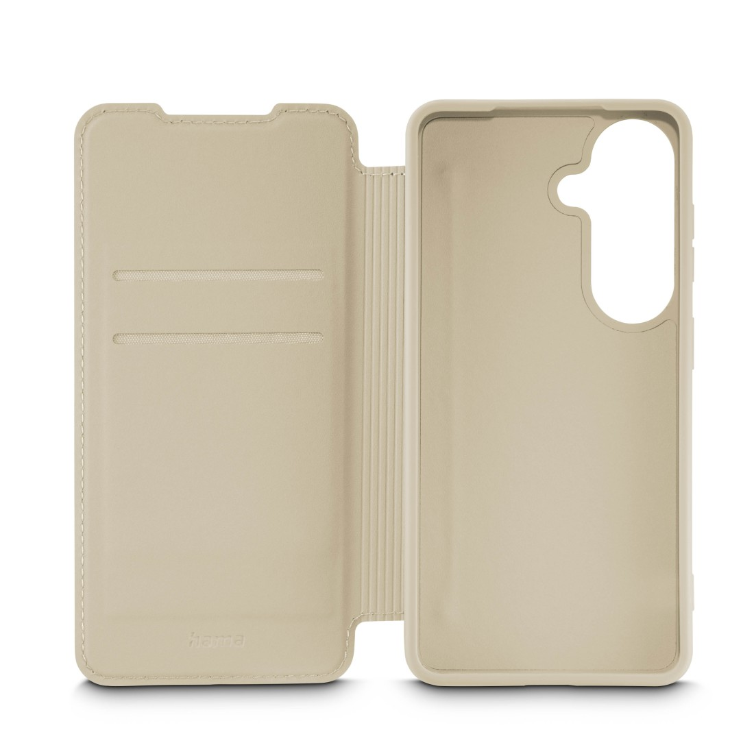 Beige Handyhülle geöffnet, mit Kartenfächern und Kameraaussparung.