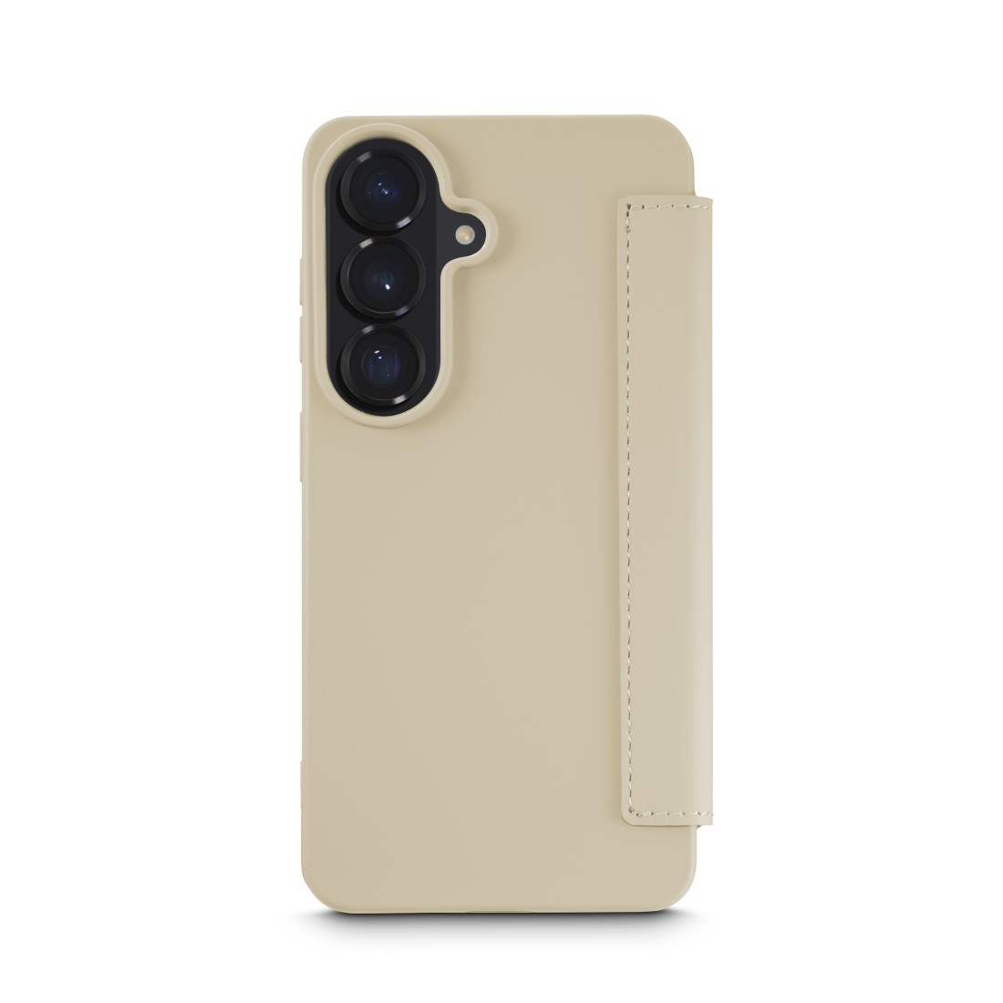 Eine beige Handyhülle mit drei Kameralinsen und einer Klappe.