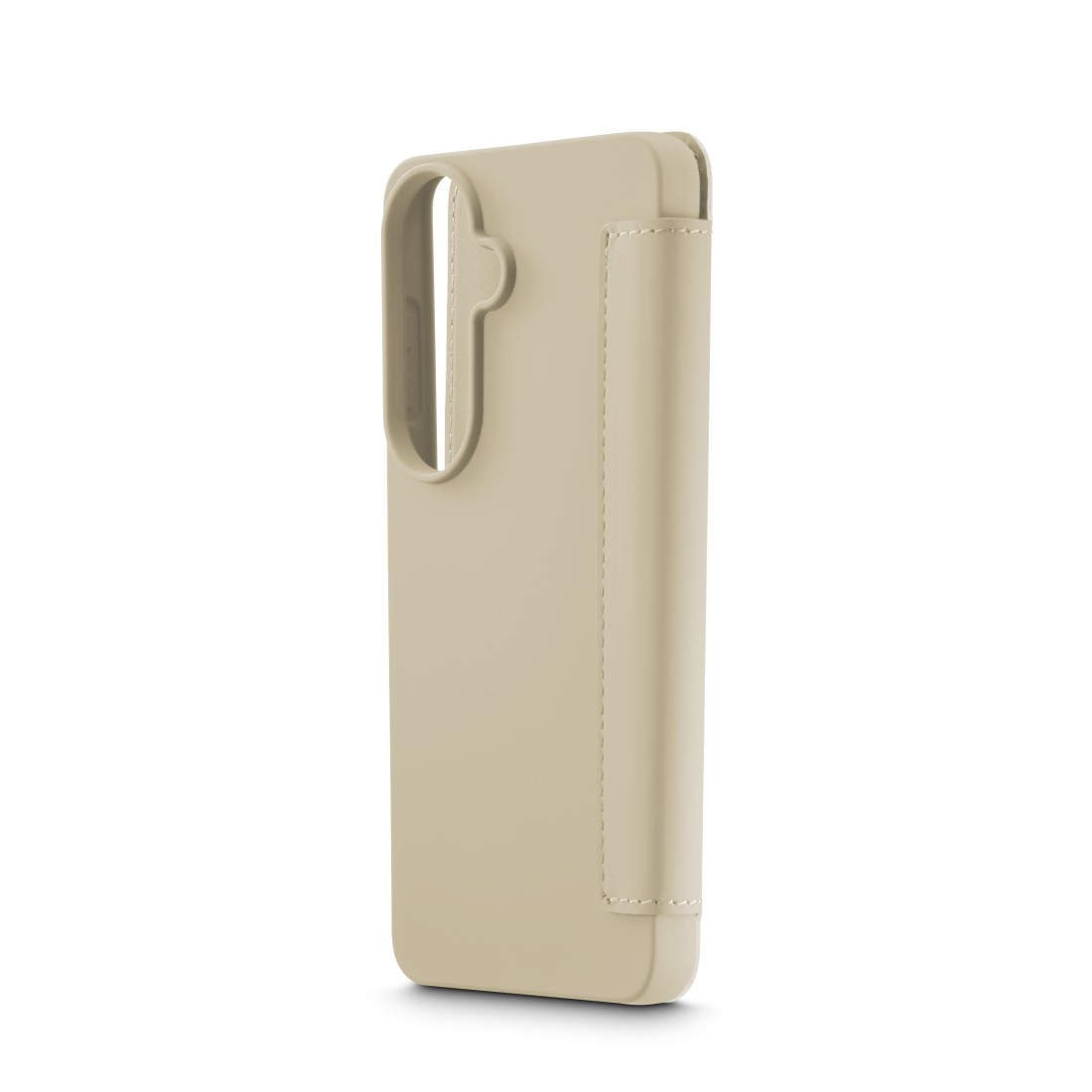 Eine beige Handyhülle mit einem Schlitz für eine Karte auf der rechten Seite.