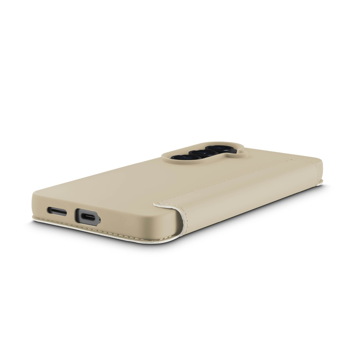 Beige Handyhülle mit Kameraöffnung und Ladeanschluss an der Seite.