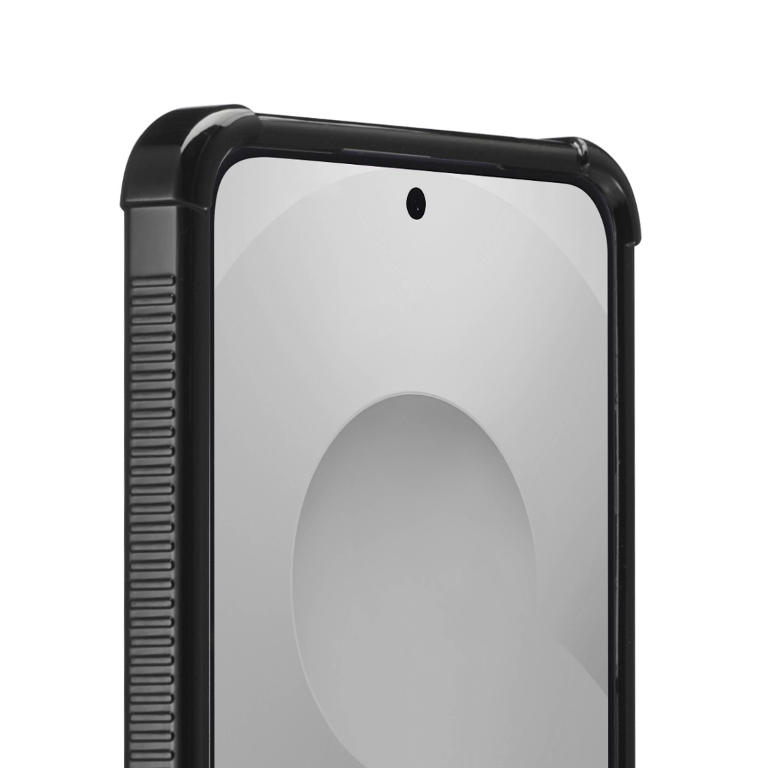 Nahaufnahme einer schwarzen Schutzhülle für ein Smartphone mit gerillter Seite.